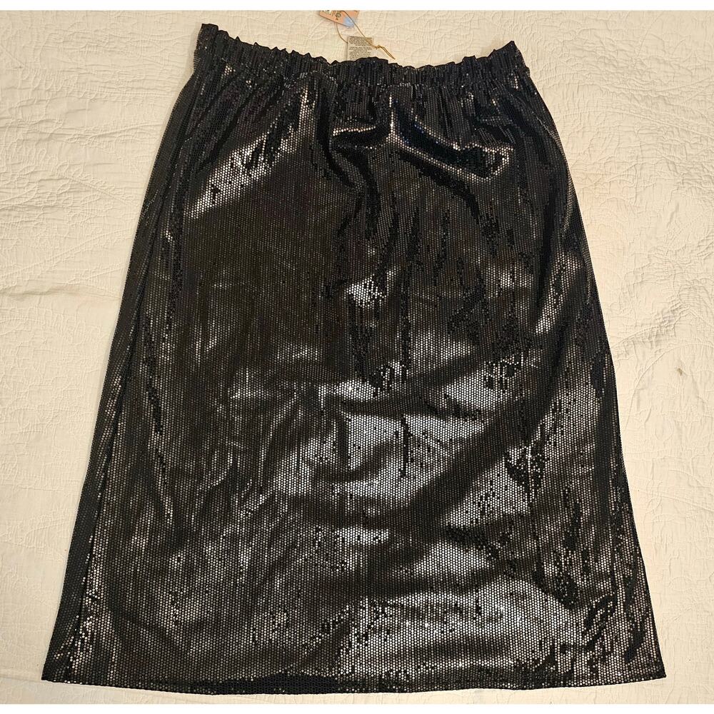 NWT Black Sparkly Sequin Midi Skirt SERRA Women’s Size Large With Stretch Waist